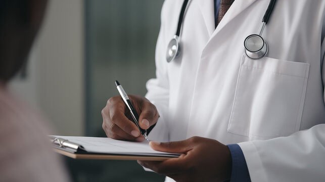 Plano cerrado de m&eacute;dico con bata blanca, escribiendo diagn&oacute;stico en papel.Precisi&oacute;n y responsabilidad: el acto de escribir un diagn&oacute;stico como s&iacute;mbolo de cuidado y profesionalismo m&eacute;dico.