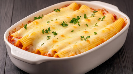 Delicious traditional manicotti baked with marinara sauce and cheese served in a deep dish, perfect for a comforting family meal on a cozy evening