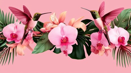 Naklejka premium Intricate Toile de Jouy featuring hummingbirds amidst exotic orchids and lush palm canopies, with a modern pastel color theme