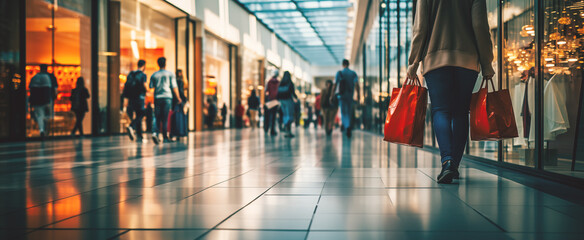 centro comercial como espacio de interacción social y experiencias compartidas. Gran centro comercial moderno, lleno de gente con bolsas de compras, tiendas iluminadas y ambiente animado.