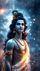 Divine portrait of Lord Krishna with radiant blue skin, flowing dark hair, adorned with golden jewelry and a peacock feather