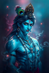 Digital painting of Lord Krishna, depicted strong a powerful as a warrior against ethereal background