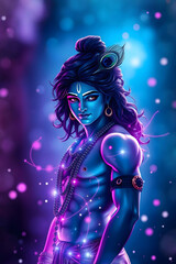 Hindu God Krishna with radiant skin, expressive eyes, flowing hair adorned with a peacock feather, and a mystical aura