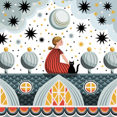 a girl with a cat sits on the roof and looks at the stars. postcard. vector illustration