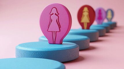 International Women's Day Inspiration Leadership Strength Colorful tokens representing diverse women icons.