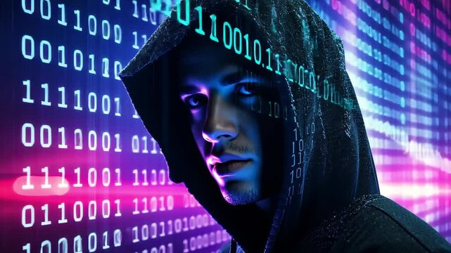 Mystery figure immersed in digital world with vibrant code and glowing lights at night