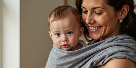 Smiling mother holding baby against a softly lit background