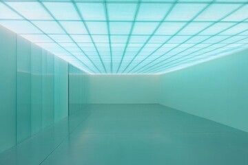 Obraz premium Empty modern room with teal walls, glass panels, and illuminated grid ceiling.