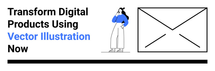 Woman in blue top and white pants standing thoughtfully, next to a large abstract envelope. Ideal for communication, email marketing, product design, digital strategy, creativity, brainstorming, flat