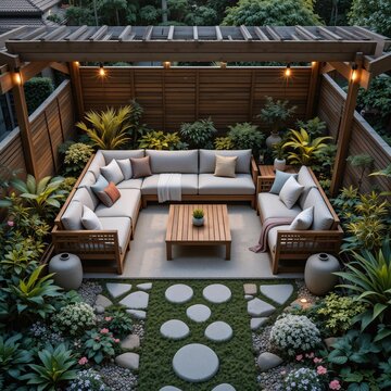 C&oacute;modo rinc&oacute;n en el jard&iacute;n, terraza con plantas.