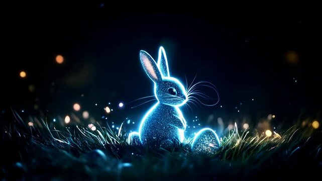 Magical glowing neon bunny with Easter eggs on dark grass under starry night sky. Holiday animation for Easter, Spring celebration, children party