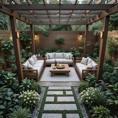 Fototapeta premium Cómodo rincón en el jardín, terraza con plantas.
