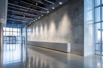Modern spacious lobby with concrete wall, large windows, and polished floor.