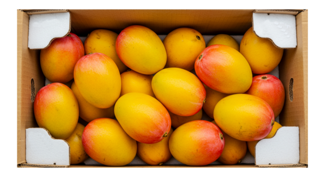 fresh indian organic ripe mango fruit in box, closeup isolated, known in india various name as totapuri, kesar, amrapali or alphonso mango for import, export concept,  cutout in transparent background