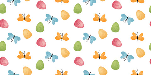 Seamless pattern with colorful Easter eggs and butterflies on a white background. Spring holiday design for textile, wallpaper, wrapping paper, and greeting card.