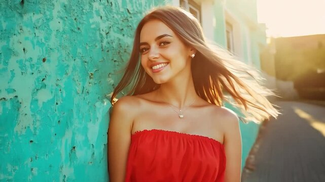 Smiling young woman with long hair wearing a red strapless top standing outdoors next to a turquoise wall in warm sunlight. Summer lifestyle photography