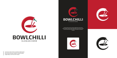 bowl and circular chili logo, food, restaurant menu, vegetarian, graphic vector template.