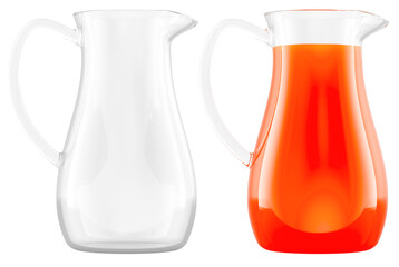Empty Glass Beverage Pitcher Clear and jug of fruit juice, glass pitcher with orange beverage. 3D rendering isolated on transparent background