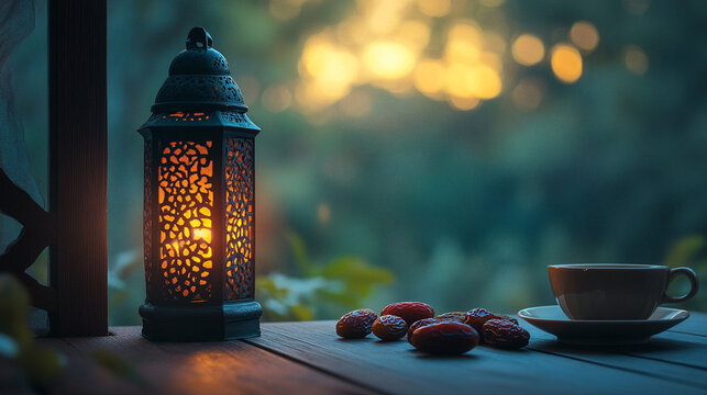 Elegant outdoor dining setting illuminated by warm glowing lanterns, featuring a rustic wooden table set for an intimate evening meal, surrounded by lush greenery and soft candlelight