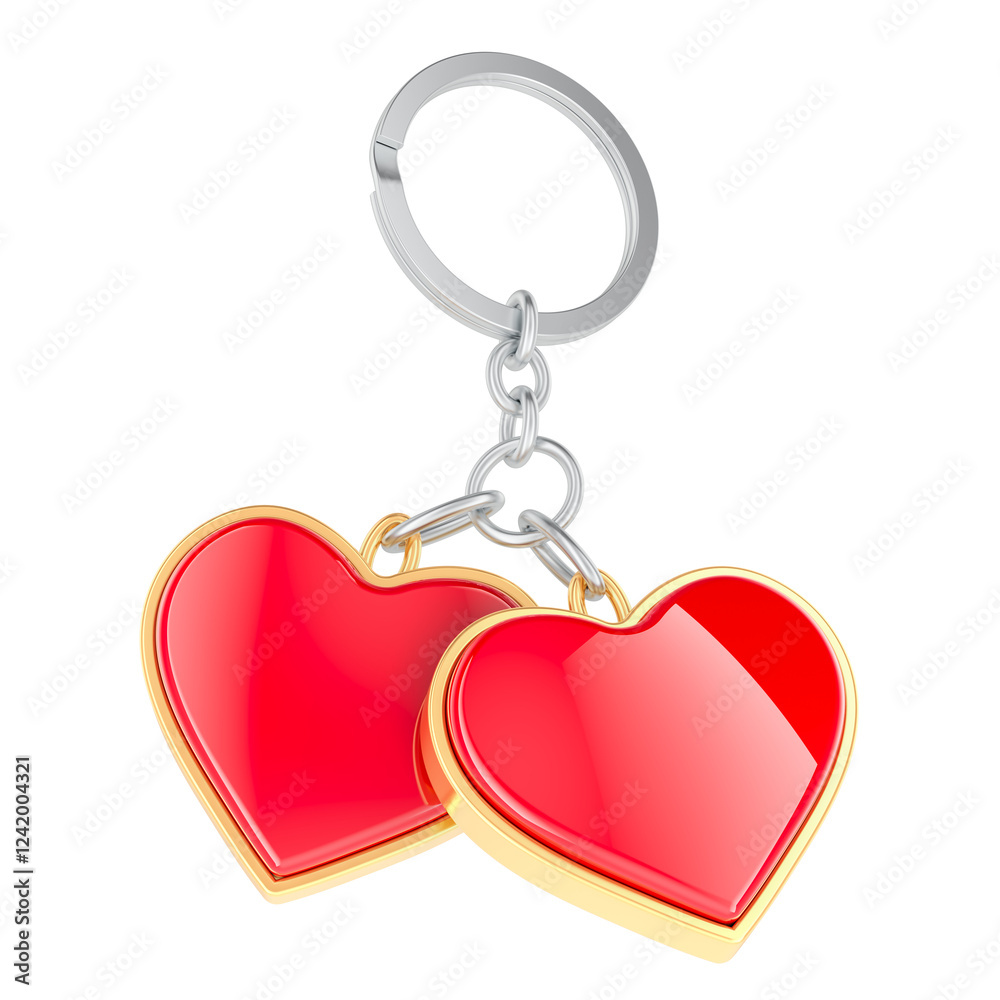 Poster key chain with two red hearts. 3d rendering isolated on transparent background