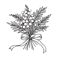 Vector illustration of spring bouquet mimosa tied with ribbon, simple linear drawing of flowers isolated on white background. for bouquet design.