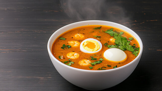 Steaming traditional Peruvian chupe de camarones served in a bowl with boiled eggs and fresh herbs for a cozy dining experience