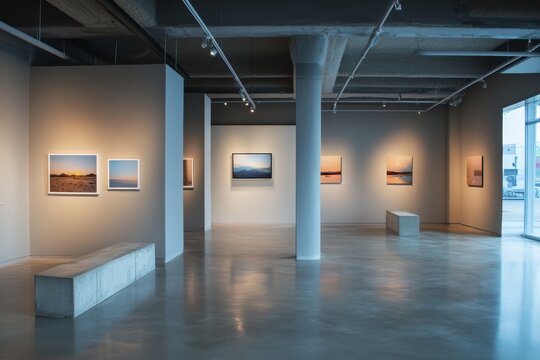 Modern art gallery interior with landscape photography displayed on walls.