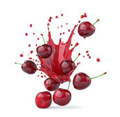  Falling of red cherries with juice splash isolated on a transparent background. Red cherries in red juice splash on white background.