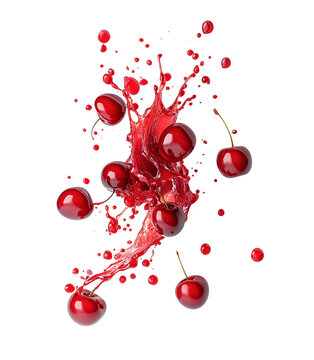  Falling of red cherries with juice splash isolated on a transparent background. Red cherries in red juice splash on white background.