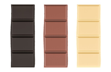 Chocolate bar pieces. Dark, milk and white chocolate, front view. 3D rendering isolated on transparent background