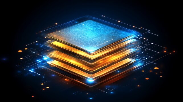Stacked processors, glowing, dark background, tech