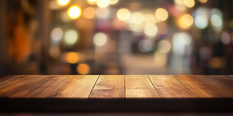 Mesa de cocina de madera con fondo borroso de un lugar de trabajos manuales como una carpintería restaurante o una barberia © Flux Imagery