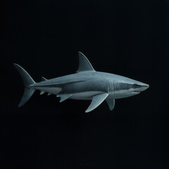 Fototapeta premium a 3D rendering of a shark. The shark appears to be in a dark underwater environment, with its fins and body clearly visible against the dark background.