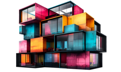 Modern modular building with stacked cubic structures, with colors neon in pink, orange and blue tones and walls with glass panels, png.