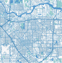 Map of Pasadena in Texas in a professional blue style. Contains layered vector with roads water, parks, etc.