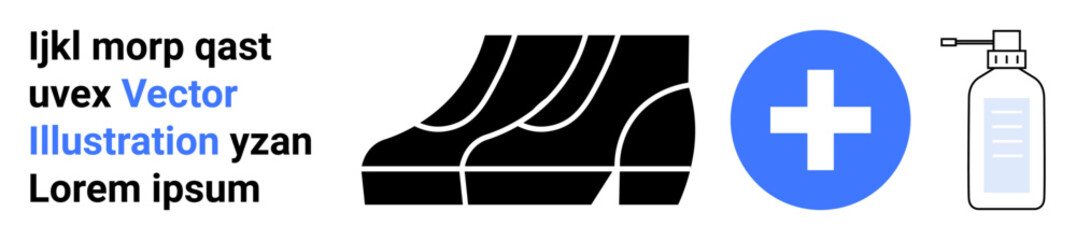 Obraz premium Athletic shoe graphic, blue plus sign, and medical bottle representing healthcare, fitness, wellness, sports recovery, physical therapy, health promotion and hygiene. Ideal for flat landing page