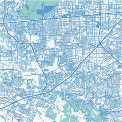 Map of Sugar Land in Texas in a professional blue style. Contains layered vector with roads water, parks, etc.