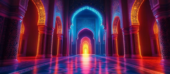Vibrant illuminated arches in a mystical palace with colorful reflections and intricate patterns