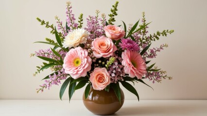 Elegant floral arrangement with pink roses and gerbera daisies in vase on table