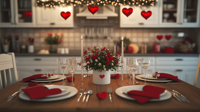 Romantic dining table setting in a modern kitchen with a bouquet of red roses, soft candlelight, fine china, and heart decorations, creating a warm and intimate atmosphere for a special occasion