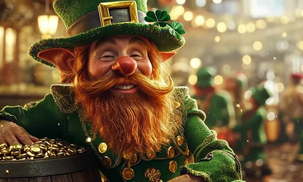 A cheerful leprechaun leans on a barrel in bustling pub.