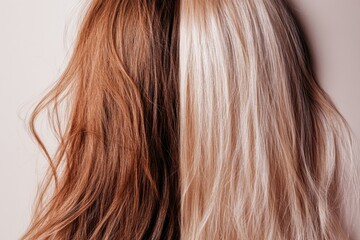 Fototapeta premium Comparison of damaged dull hair strands versus shiny healthy hair strands showcases stark differences in texture and appearance. Generative AI