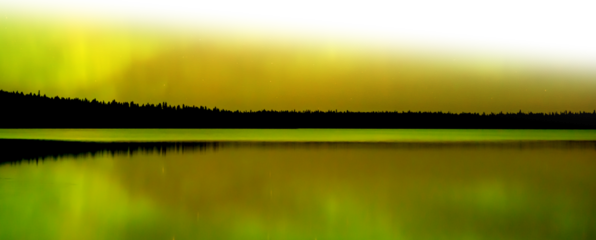 Panorama of bright yellow and green northern lights Aurora reflecting in a calm lake
