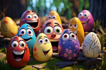 Cheerful easter egg faces in a festive spring atmosphere, Funny Easter illustrations in cartoon style