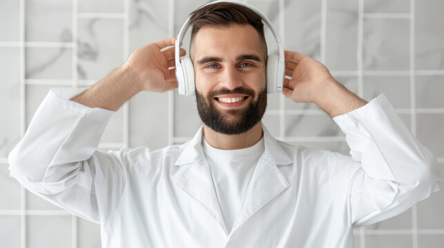 A cheerful male operator sets up his headphones, ready to assist callers with a friendly demeanor in the office space.