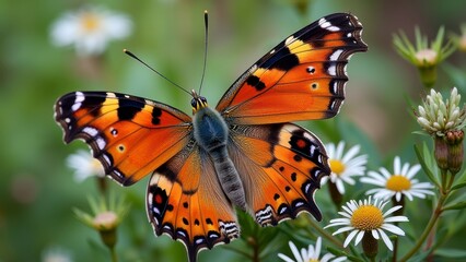 Vibrant painted lady butterfly on daisies in blooming garden