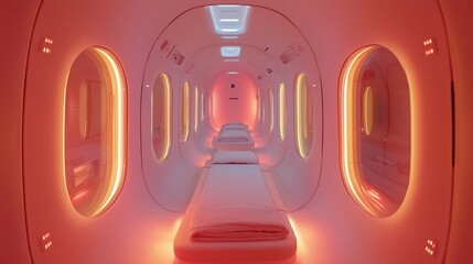 Futuristic relaxation pod interior with glowing lights and empty beds, designed for wellness and recovery