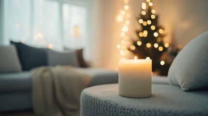 Cozy Candle and Christmas Tree in a Modern Living Room Setting