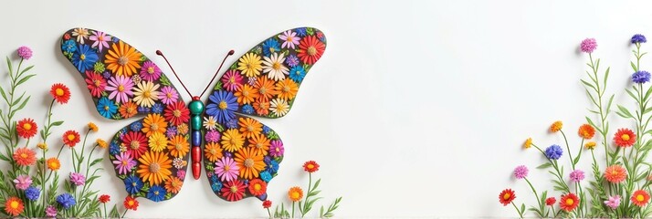Colorful floral butterfly with vibrant flowers and delicate wildflower border