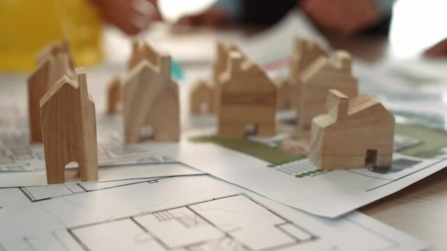 Architect and engineer discuss about building blueprint on table with architectural document, measurement tools scatter around at office, use wooden block for house positioning. Closeup. Delineation.